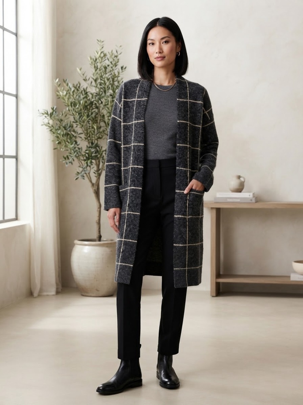 Cyrus Charcoal Windowpane Long Open Cardigan